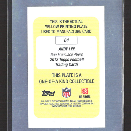 2012 Topps Football Andy Lee #64 Yellow Printing Plate 1/1 IP Auto