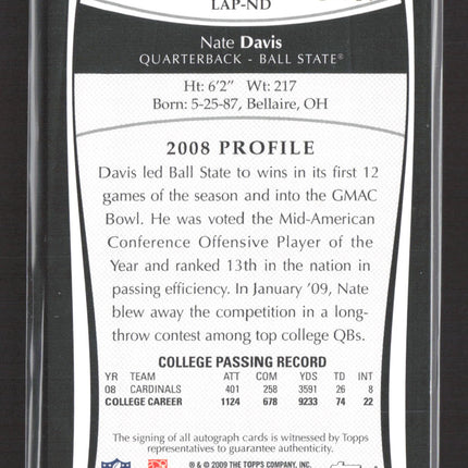2009 Topps Nate Davis #LAP-ND 18/20 College Letter Patch Auto
