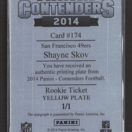 2014 Panini Contenders Shayne Skov #174 Yellow Printing Plate 1/1 RC Auto