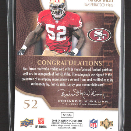 2008 Upper Deck SP Authentic By The Letter Patrick Willis #BLPW Patch 14/23 Auto