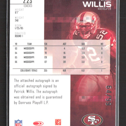 2007 Donruss Rookies & Stars Patrick Willis #223 Patch Auto /99