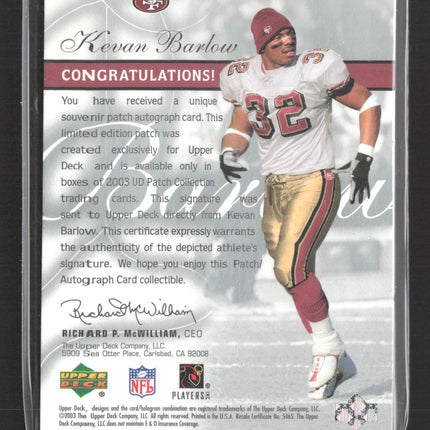 2003 Upper Deck NFL Patch Collection Patches Kevan Barlow #SP-KB Patch Auto
