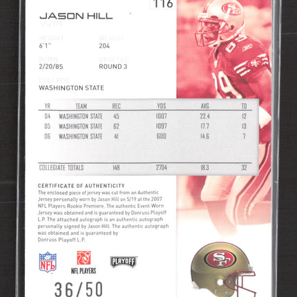 2007 Playoff Prestige Jason Hill #116 Authentic Event-Worn Jersey Auto /50