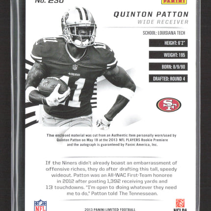 2013 Panini Limited Phenoms Quinton Patton #230 Patch RC 016/299 Auto