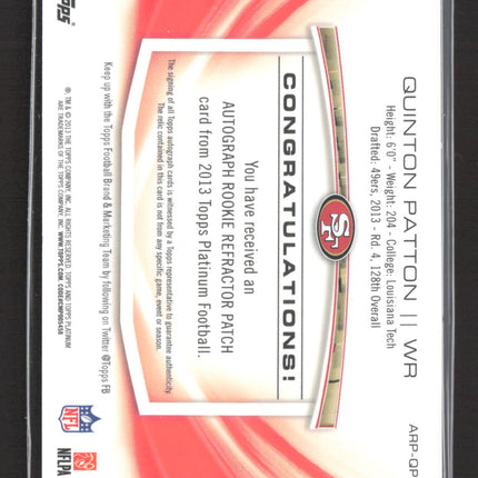 2013 Topps Platinum Quinton Patton #ARP-QP Refractor Patch 0775/1000 RC Auto