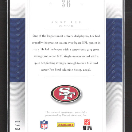 2013 Panini National Treasures Andy Lee #36 Pro Bowl Letterman Patch 1/3