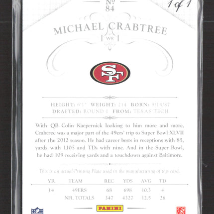 2015 Panini National Treasures Michael Crabtree #84 Cyan Printing Plate 1/1