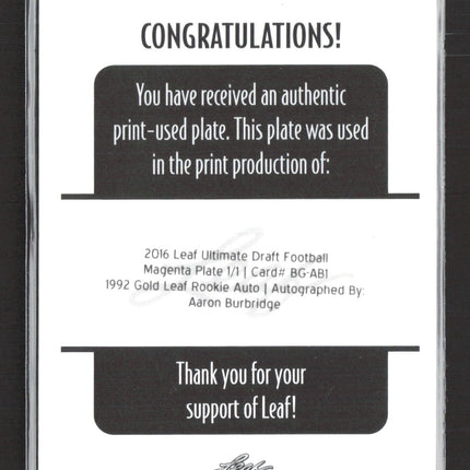 2016 Leaf Football Aaron Burbridge #BG-AB1 Printing Plate 1/1 Auto
