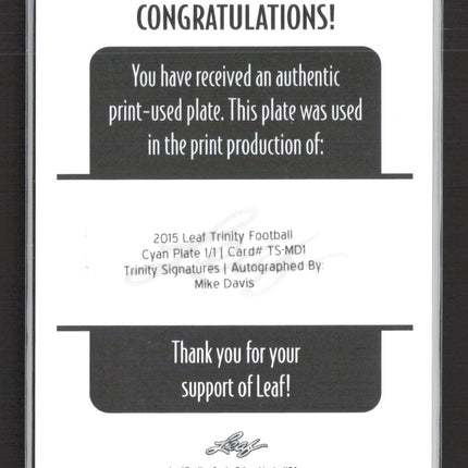 2015 Leaf Trinity Football Mike Davis #TS-MD1 Cyan Printing Plate Auto 1/1