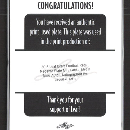 2015 Leaf Draft Football Jaquiski Tartt #BA-JT1 Magenta 1/1 Printing Plate Auto