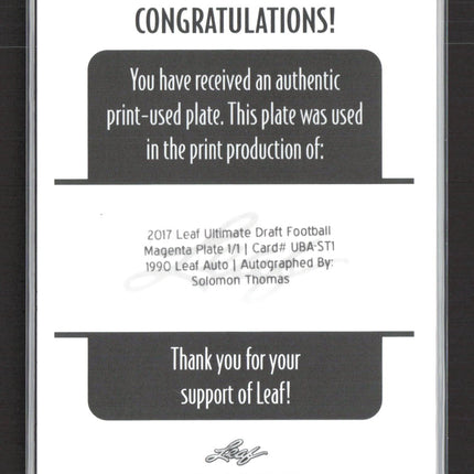 2017 Leaf Football Solomon Thomas #UBA-ST1 Printing Plate 1/1 Auto