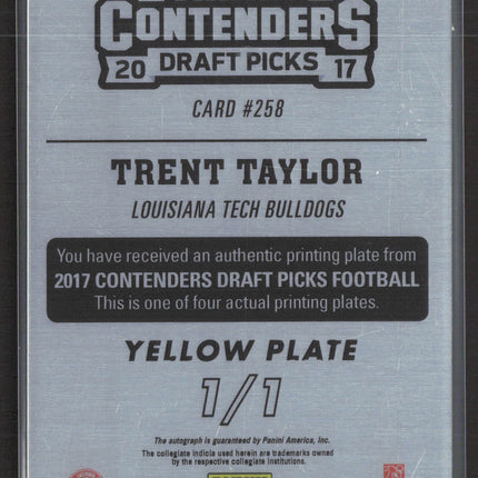 2017 Panini Contenders Draft Picks Trent Taylor #258 Printing Plate 1/1 Auto