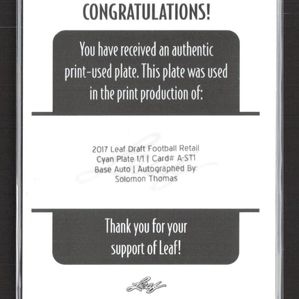 2017 Leaf Solomon Thomas #A-ST1 Cyan Printing Plate 1/1 Auto