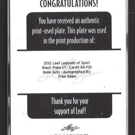 2012 Leaf Legends of Sport Fred Dean #BA-FD1 Black Printing Plate 1/1 Auto