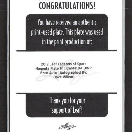 2012 Leaf Legends of Sport Dave Wilcox #BA-DW2 Printing Plate 1/1 Auto