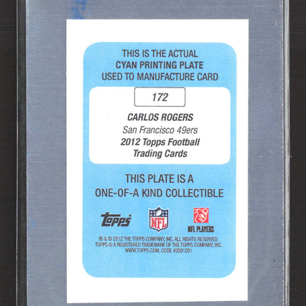 2012 Topps Football Carlos Rogers #172 Cyan Printing Plate 1/1