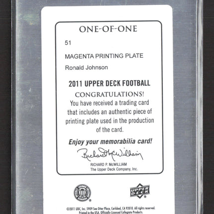 2011 Upper Deck Football Ronald Johnson #51 Magenta Printing Plate 1/1