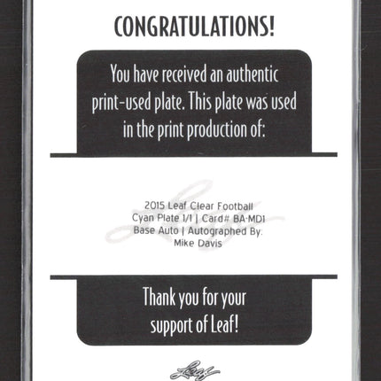 2015 Leaf Clear Football Mike Davis #BA-MD1 Cyan Printing Plate 1/1 Auto
