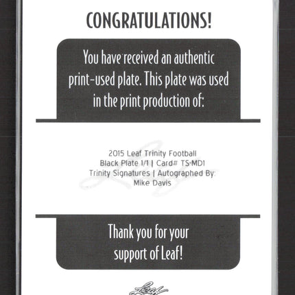 2015 Leaf Trinity Football Mike Davis #TS-MD1 Black Printing Plate 1/1 Auto