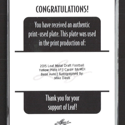 2015 Leaf Metal Draft Football Mike Davis #BA-MD1 Yellow Printing Plate 1/1 Auto