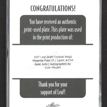 2017 Leaf Football Retail Cole Hikutini #A-CH4 Magenta Printing Plate 1/1 Auto
