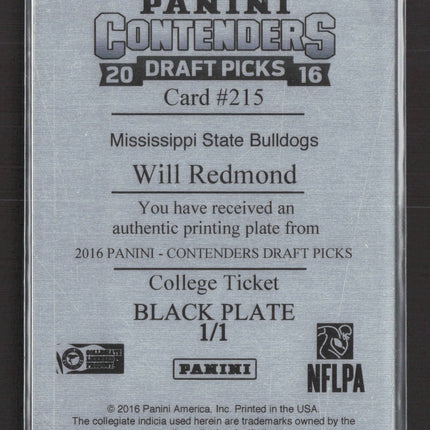 2016 Panini Contenders Will Redmond #215 Black Printing Plate 1/1 Auto