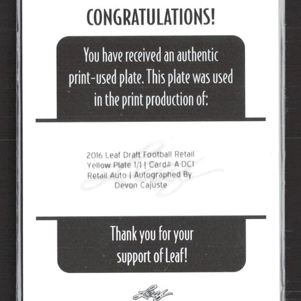 2016 Leaf Draft Football Devon Cajuste #A-DC1 Yellow Printing Plate  1/1 Auto