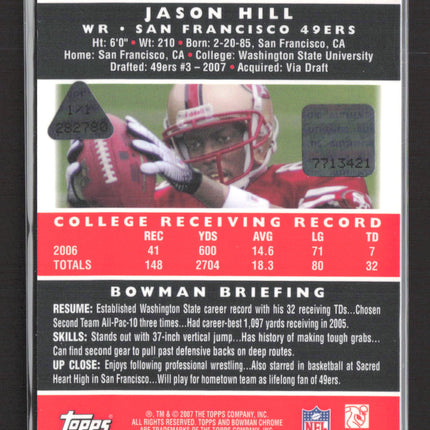 2007 Bowman Chrome Jason Hill #BC89 Black Printing Plate 1/1 RC Auto