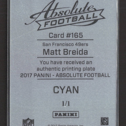 2017 Panini Absolute Football Matt Breida #165 Cyan Printing Plate 1/1
