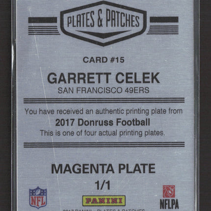 2018 Panini Plates & Patches Donruss Garrett Celek #15 Magenta Printing 1/1