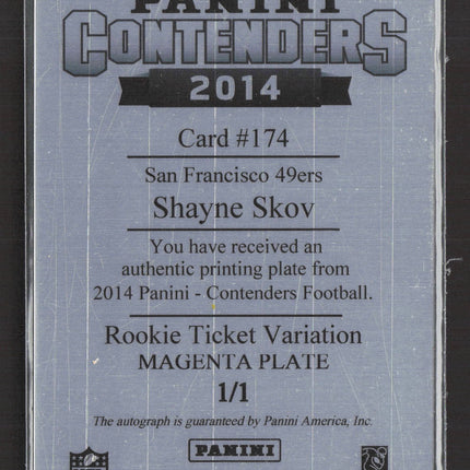 2014 Panini Contenders Shayne Skov #174 Magenta Printing Plate 1/1 RC Auto