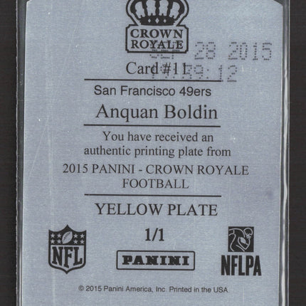 2015 Panini Crown Royale Anquan Boldin #1 Yellow Printing Plate 1/1