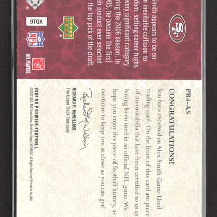 2007 Upper Deck Premier Remnants 4 Alex Smith #PR4-AS Game-Used /75