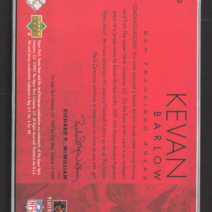 2001 Upper Deck Game Gear Kevan Barlow #100 0321/1000 Rookie Jersey