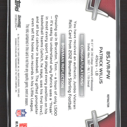 2007 Bowman Sterling Patrick Willis #BSJVR-PW Gold Refractor Jumbo Patch 03/25