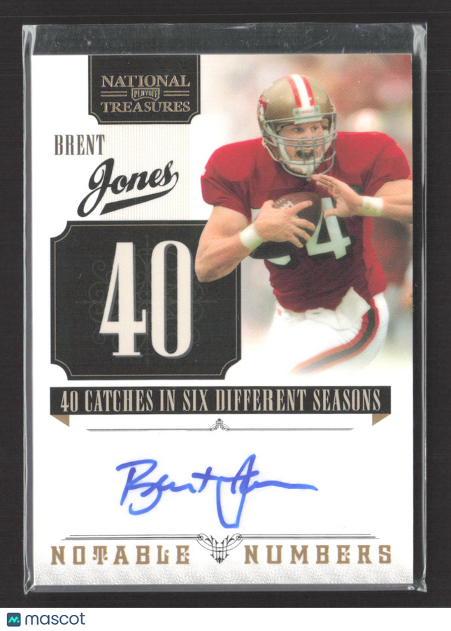 2011 Panini National Treasures Notable Numbers Brent Jones #3 1/5 Auto