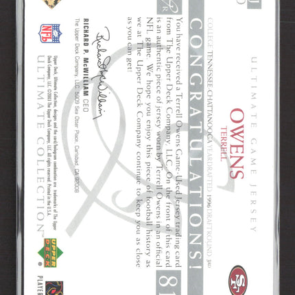 2003 Upper Deck Ultimate Collection Terrell Owens #UJ-TO 79/250 Game-Used Jersey