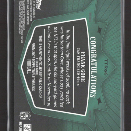2007 Topps Triple Threads Frank Gore #TTR96 Emerald Laundry Tag Patch 04/18