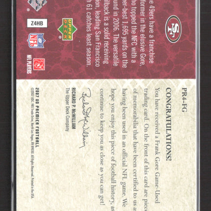 2007 Upper Deck UD Premier Premier Remnants 4 Frank Gore #PR4-FG Jersey /75
