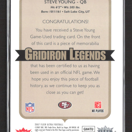 2007 Fleer Ultra Gridiron Legends Steve Young #GL-SY Game-Used Jersey