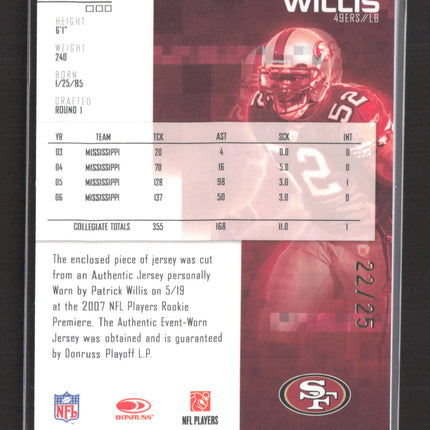 2007 Donruss Rookies & Stars Patrick Willis #223 Jersey Patch /25