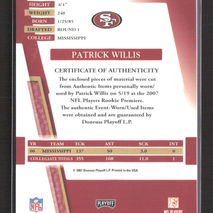 2007 Playoff Absolute Memorabilia Patrick Willis #258 Ball Jersey /50