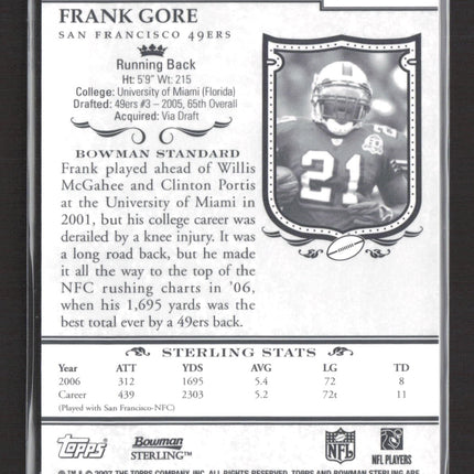 2007 Bowman Sterling Frank Gore #BSVR-FG Refractor Game-Worn Jersey 140/199
