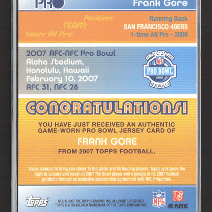 2007 Topps Football All Pro Frank Gore #APR-FG Game-Worn Pro Bowl Jersey