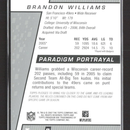 2007 Topps Paradigm Brandon Williams #57 Portrayal Dual Jersey Relic 061/249 RC