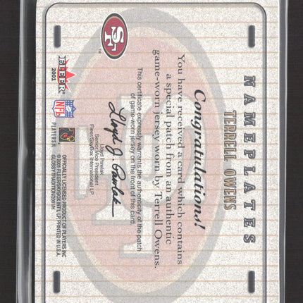 2001 Fleer Tradition Glossy Nameplates Terrell Owens #81 Game-Worn Patch