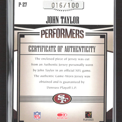 2005 Donruss Gridiron Gear Performers John Taylor #P-27 Game-Worn Jersey 016/100