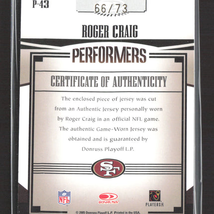 2005 Gear Performers Roger Craig #P-43 66/73 Game-Worn Jersey Number Patch