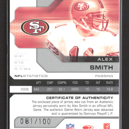 2007 Donruss Playoff Leaf Limited Alex Smith #83 Game-Worn Jersey 081/100