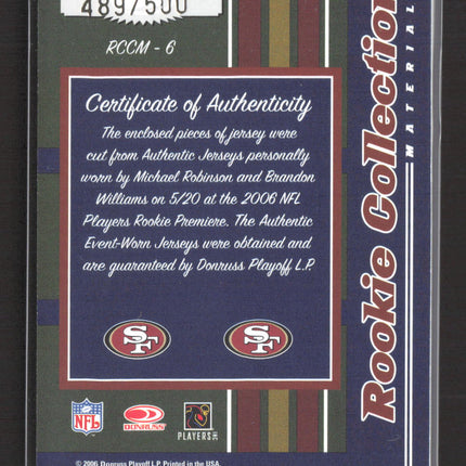 2006 Threads Rookie Brandon Williams Michael Robinson #RCCM-6 Dual Jersey /500
